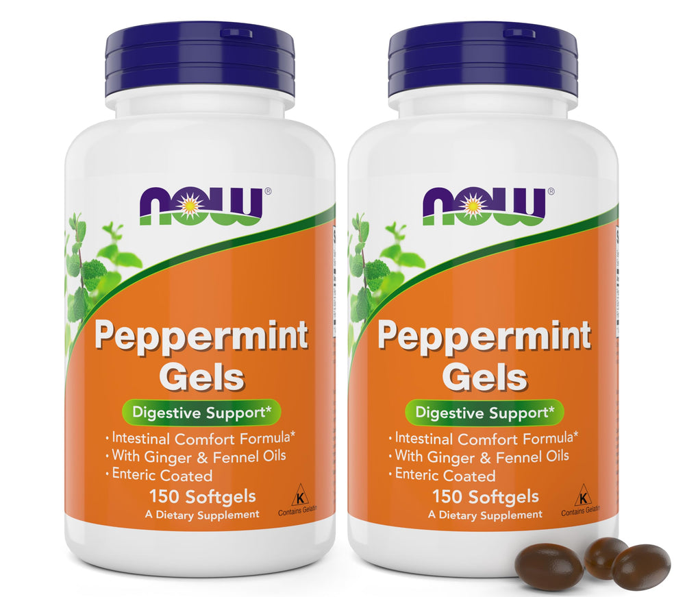 NOW Foods Peppermint Gels bottle front showing enteric coating for digestive support.