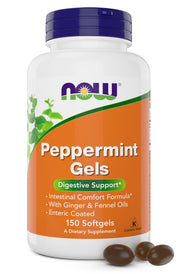 NOW Foods Peppermint Gels bottle front shows enteric-coated softgels for digestion support.