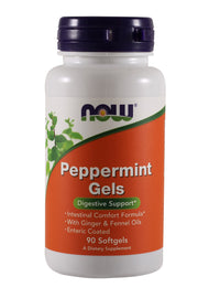 NOW Foods Peppermint Gels bottle with enteric-coated capsules for gentle intestinal comfort.