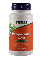 NOW Foods Peppermint Gels bottle with enteric-coated capsules for gentle intestinal comfort.