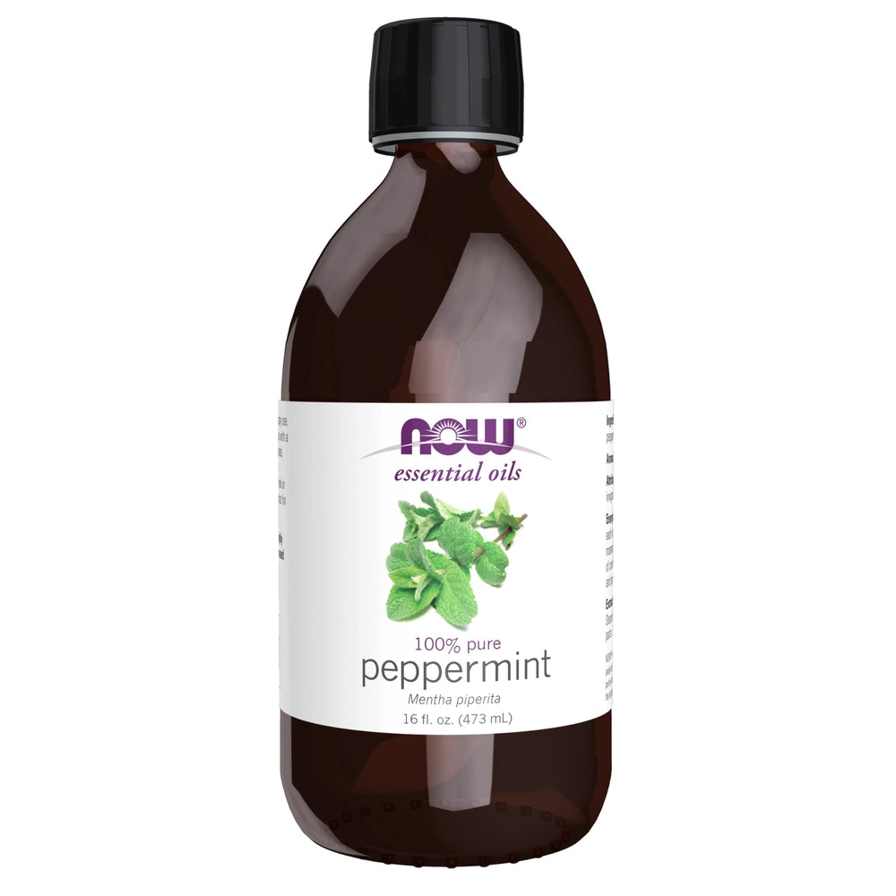 NOW Foods Peppermint Oil bottle label showcases purity and natural aroma for everyday use