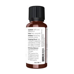 NOW Foods Peppermint Oil label close-up showing purity and details
