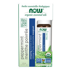 NOW Foods Peppermint Roll-On bottle front for portable energizing aromatherapy.