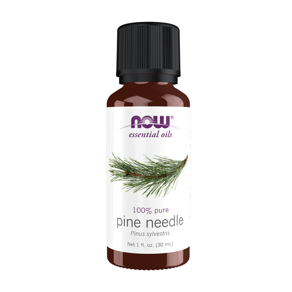 NOW Foods Pine Needle Oil bottle closeup, pure aromatherapy for a refreshing space.