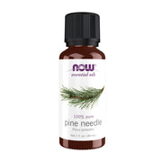 NOW Foods Pine Needle Oil bottle closeup, pure aromatherapy for a refreshing space.