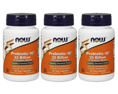 NOW Foods Probiotic-10 bottle packaging with 25 billion CFU for digestive support.
