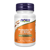 NOW Foods Probiotic-10 bottle label highlighting 50B CFU for daily gut balance.