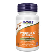 NOW Foods Probiotic-10 bottle label highlighting 50B CFU for daily gut balance.