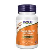 NOW Foods Probiotic-10 bottle front view showing a potent 100 billion CFU formulation
