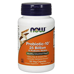 NOW Foods Probiotic-10 tablets close-up highlighting acid-resistant strains for gut balance.