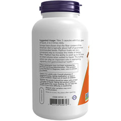 NOW Foods Psyllium Husk label highlights 500 mg per capsule and vegan status.