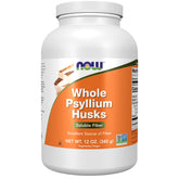 NOW Foods psyllium husks granule packaging highlights soluble fiber support for daily wellness.
