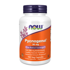 NOW Foods Pycnogenol bottle with label shows bioflavonoids for vascular support.