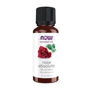 NOW Foods Rose Absolute oil bottle showing rose-based aroma in a jojoba carrier