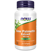 NOW Foods Saw Palmetto 160 mg bottle label showing brand and product details for daily use.