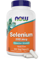 Now Foods Selenium 200 mcg capsules bottle close-up, vegan and non-GMO