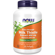 NOW Foods Silymarin milk thistle extract bottle shows extra strength formula for daily use.