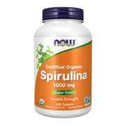 NOW Foods Spirulina double-strength tablet close-up, compact and easy to swallow.