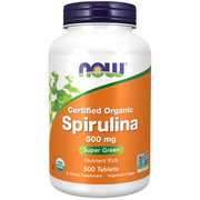 NOW Foods spirulina tablets 500mg: pure, nutrient-rich daily supplement.