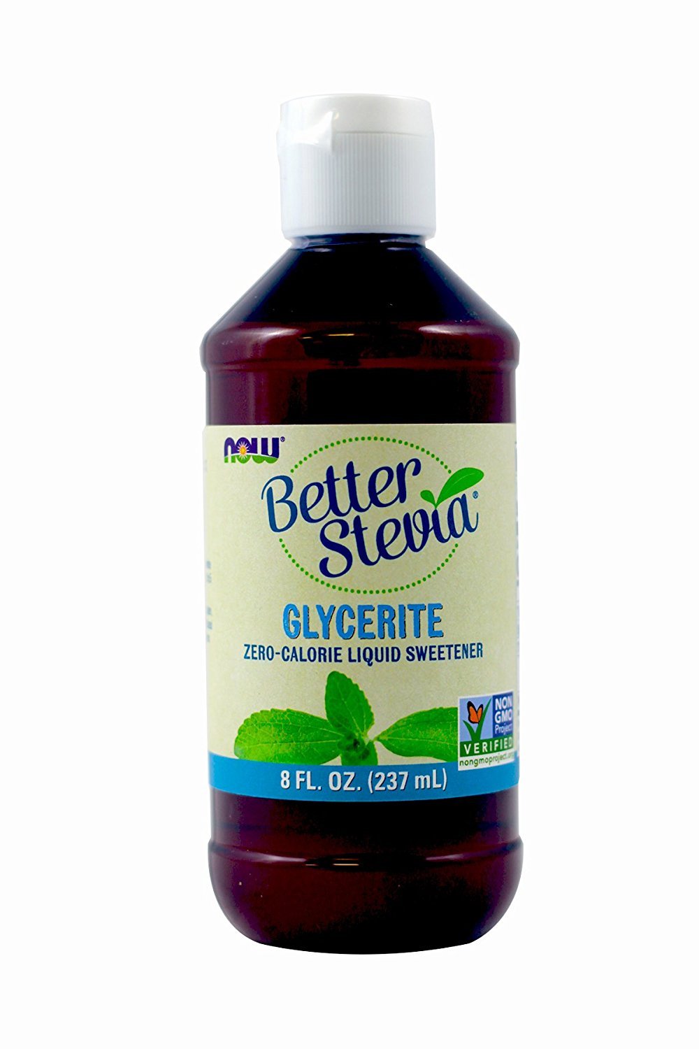 Now Foods Stevia Glycerite bottle front view for natural beverage sweetening.