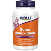 NOW Foods Super Antioxidants bottle highlighting herbal extract blend for daily antioxidant support.