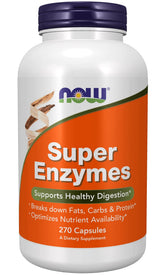 NOW Foods Super Enzymes bottle front view for digestion support.