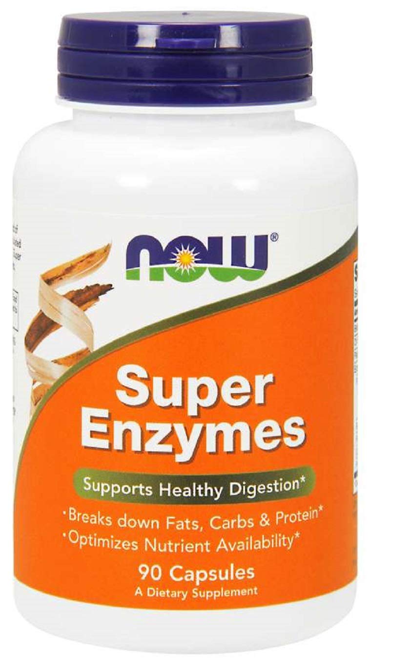 NOW Foods Super Enzymes bottle and capsules; supports healthy digestion after meals.
