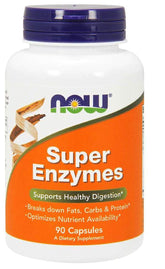 NOW Foods Super Enzymes bottle and capsules; supports healthy digestion after meals.