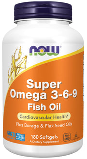 NOW Foods Super Omega 3-6-9 bottle pour supports healthy skin and immune balance.