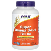 NOW Foods Super Omega 3-6-9 softgels bottle highlights omega blend for heart and skin support