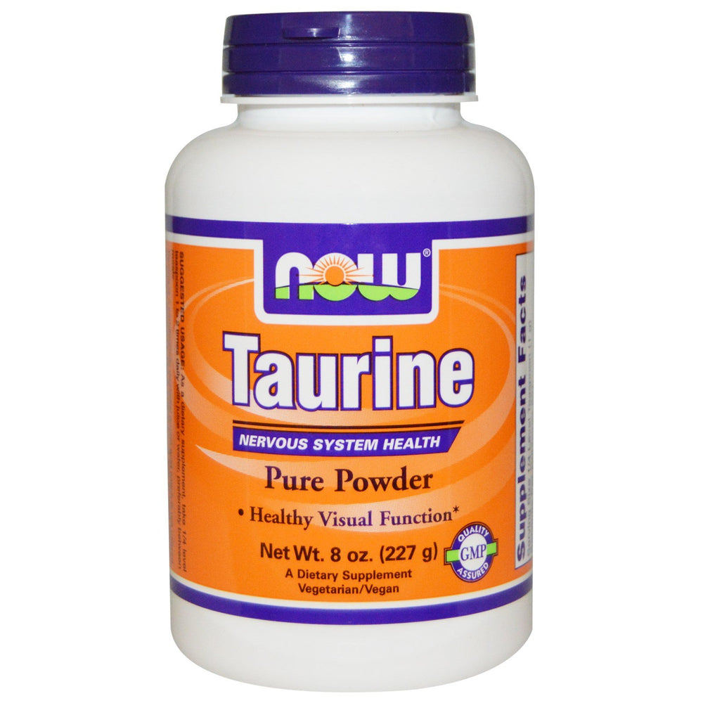 NOW Foods Taurine powder jar for convenient daily supplementation.