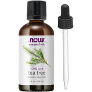 NOW Foods Tea Tree Oil bottle with label for aromatherapy and cleansing routines.