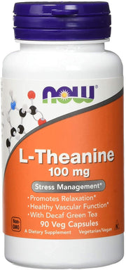 NOW Foods Theanine 100 mg, botella de 90 cápsulas para relajación suave y enfoque.