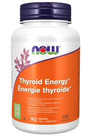 NOW Foods Thyroid Energy bottle and cap showcasing daily capsule format for thyroid support.