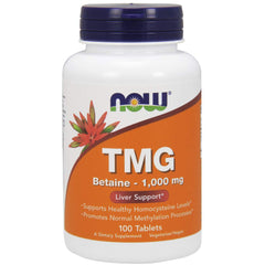 NOW Foods TMG 1,000 mg tablets bottle front view for daily wellness.