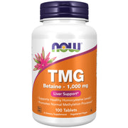 NOW Foods TMG Betaine en botella de 1000 mg para apoyo metabólico suave.