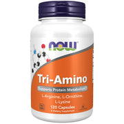 NOW Foods Tri-Amino bottle front with capsules indicating easy-to-take use and protein metabolism support