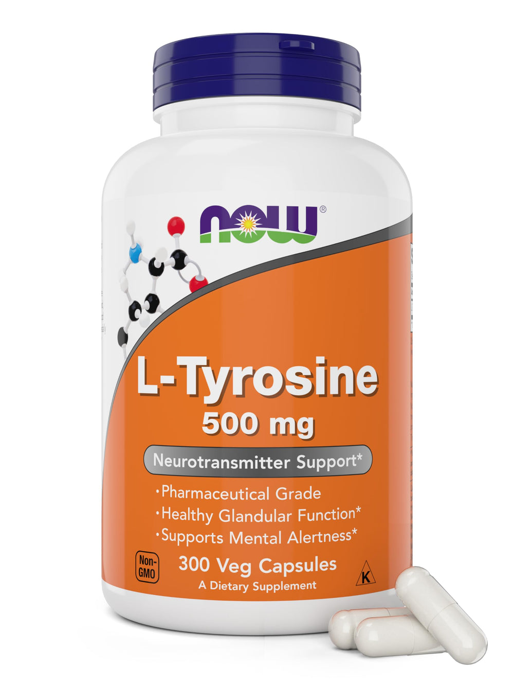 NOW Foods Tyrosine 500 mg bottle with capsules on desk, supports mental focus potential.