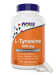 NOW Foods Tyrosine 500 mg bottle with capsules on desk, supports mental focus potential.