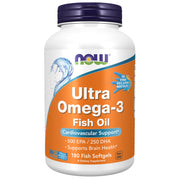 NOW Foods Ultra Omega-3 bottle pouring; supports heart and brain health.