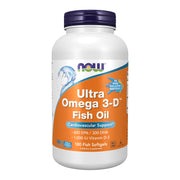 NOW Foods Ultra Omega 3-D bottle front with 180 softgels for daily support.