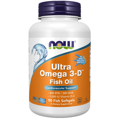 NOW Foods Ultra Omega-3-D bottle with high EPA and DHA for potential cardiovascular support.