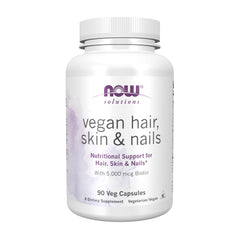 NOW Foods Vegan Hair Skin Nails bottle showing daily support for healthy hair, skin, and nails.