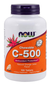 NOW Foods Vitamin C-500 chewable orange bottle for easy daily vitamin intake