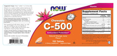NOW Foods Vitamin C-500 chewable orange tablets close-up highlighting portable use