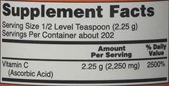 NOW Foods Vitamin C Crystals ingredient label highlights pharmaceutical grade quality.