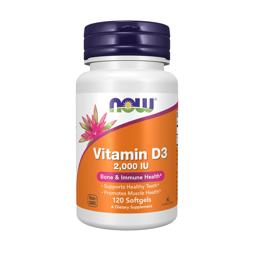 NOW Foods Vitamin D-3 softgels bottle on table for daily support.