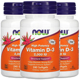 NOW Foods Vitamin D-3 softgels bottle front highlighting bone support.
