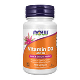 NOW Foods Vitamin D-3 400 IU softgels bottle supports bone and immune health.