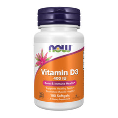 NOW Foods Vitamin D-3 400 IU softgels bottle supports bone and immune health.